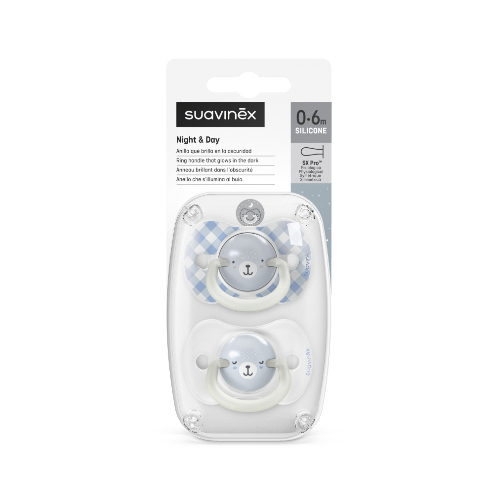 Suavinex Night & Day - набор из 2 ночных физиологических пустышек с кольцом, 0-6 месяцев • Голубая с рисунком