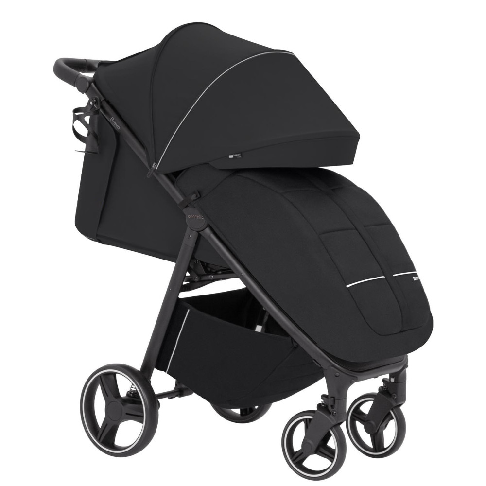 Carrello Bravo CRL-8512 - всесезонная прогулочная коляска на колесах EVA, амортизация на каждом колесе, спинка в 3 положениях, складывание книжкой, вес 9.8 кг • Pure Black