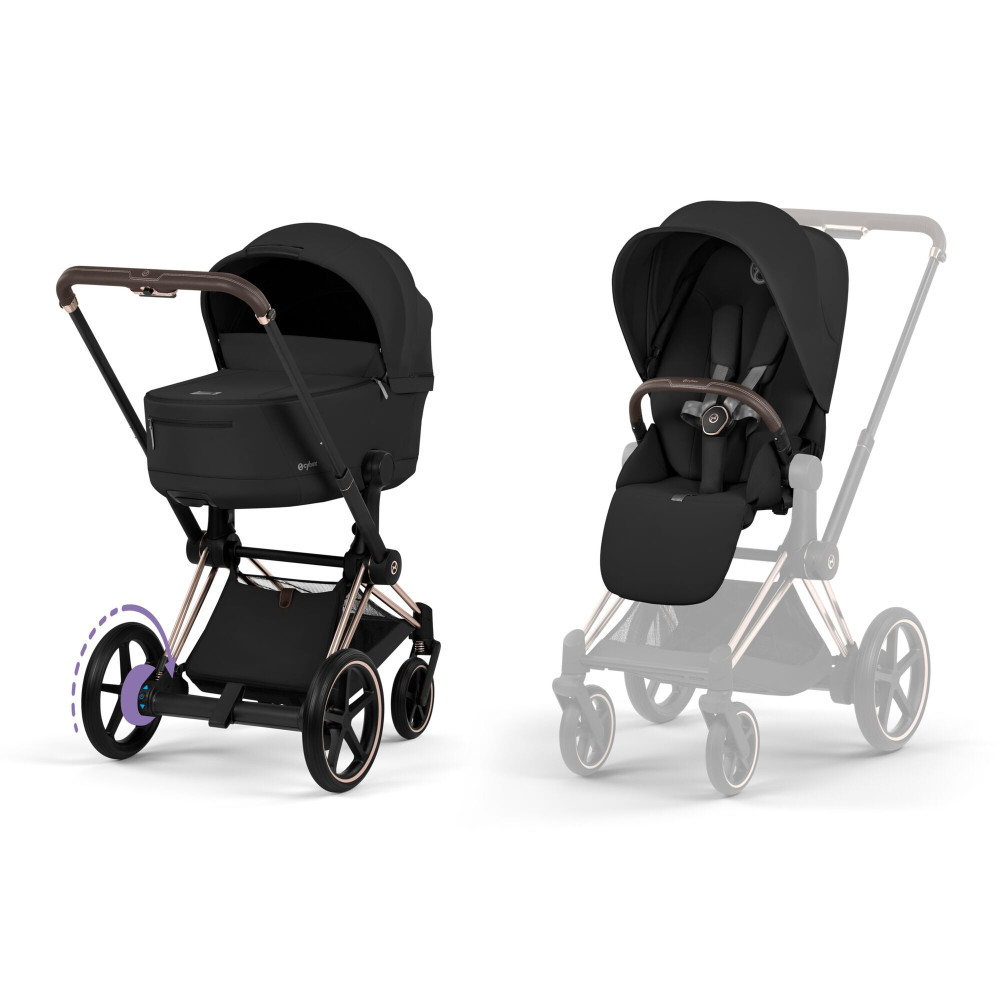 Cybex e-Priam Comfort 2026 - електричний дитячий візок преміум 2в1, люлька складається разом із шасі • Sepia Black/Rosegold