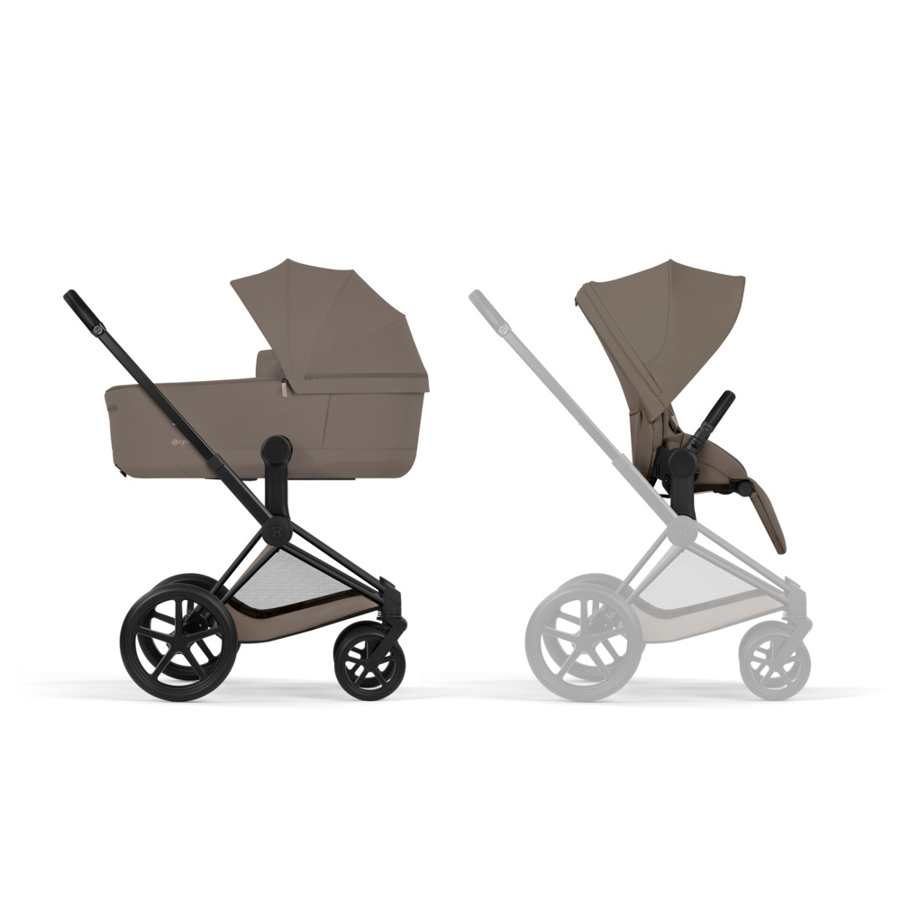Cybex Priam Comfort 2026 - дитяча коляска з функцією складання разом із люлькою, преміальний візок • Coconut Brown / Matt Black