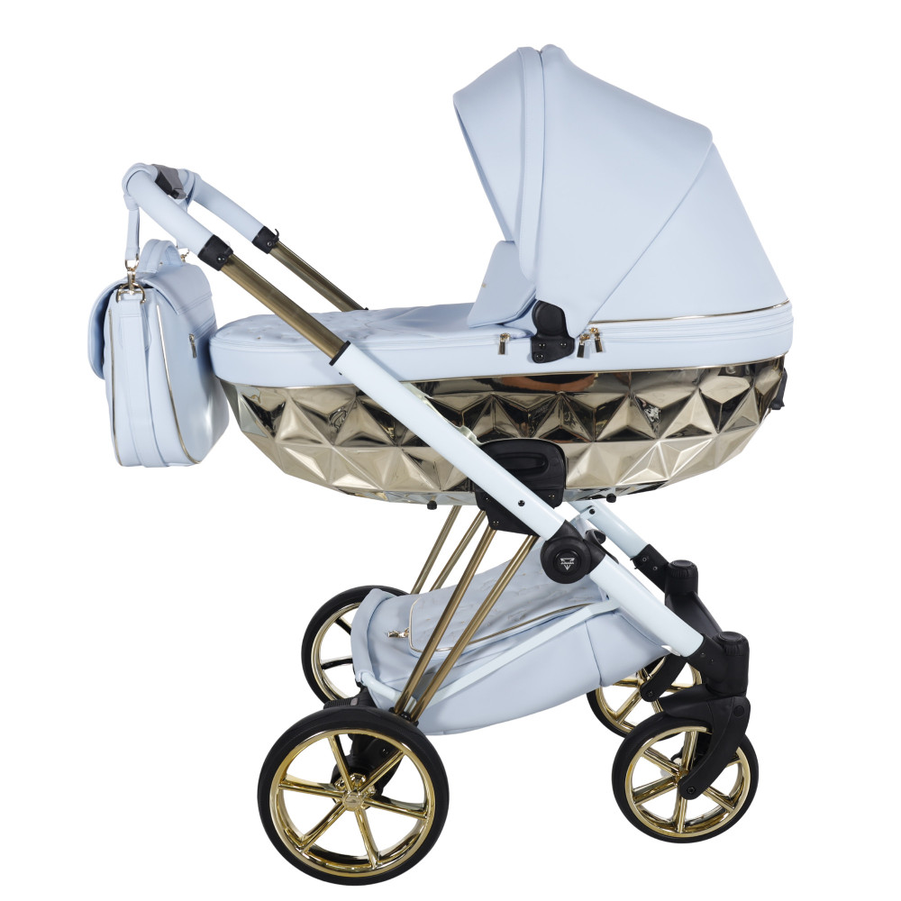Junama Diamond Cubby Premium - дитяча коляска 2в1 ручної роботи, люлька Diamond, золоті диски коліс, вишивка з ведмедиками • Blue 03