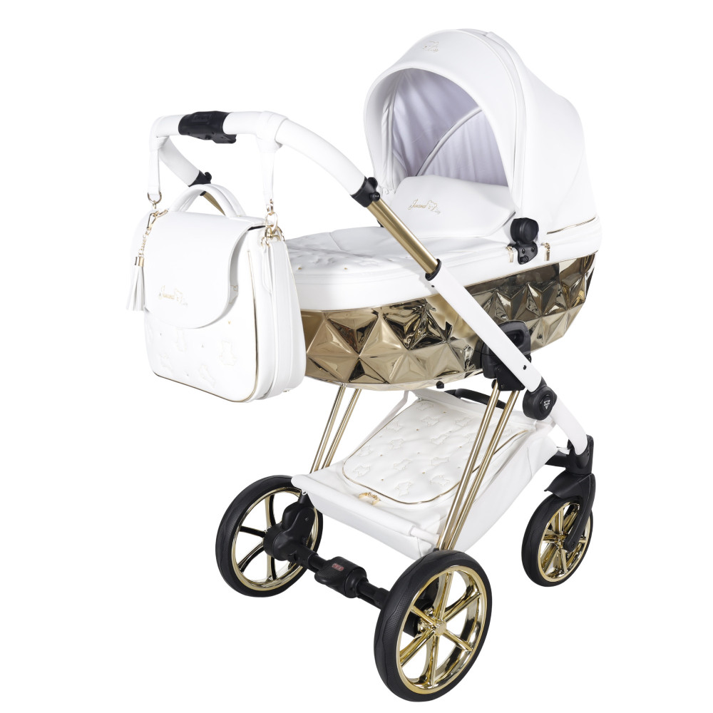 Junama Diamond Cubby Premium - дитяча коляска 2в1 ручної роботи, люлька Diamond, золоті диски коліс, вишивка з ведмедиками • White 04