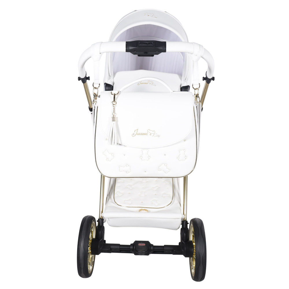 Junama Diamond Cubby Premium - дитяча коляска 2в1 ручної роботи, люлька Diamond, золоті диски коліс, вишивка з ведмедиками • White 04