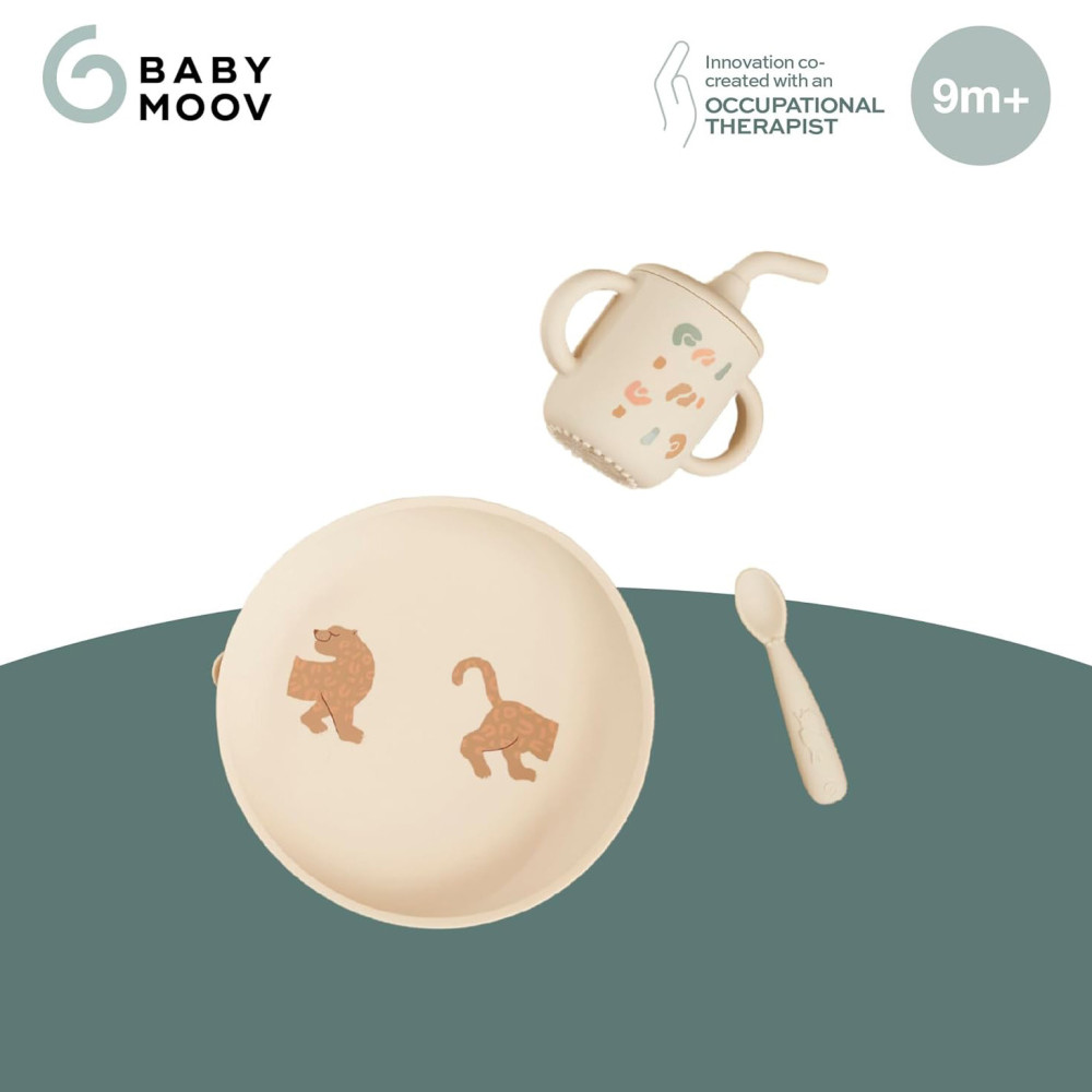 Babymoov Comme Un Grand - набор детской посуды: тарелка, ложка, чашка 3в1, от 9 мес • Little Roar