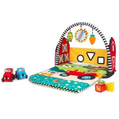 Baby Einstein Busy Barnyard - розвиваючий килимок 4 в 1 із будиночком-сортером, підвісками та музичними машинками