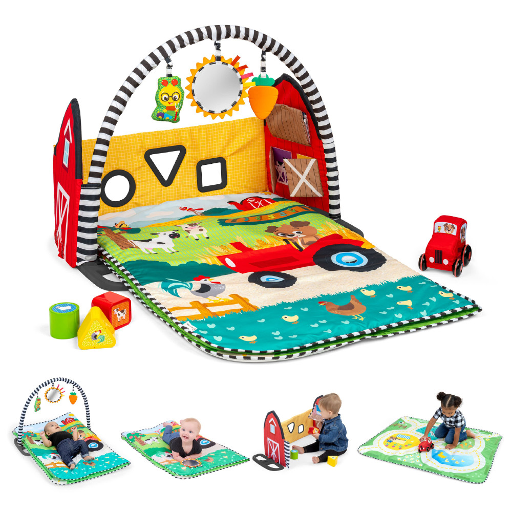 Baby Einstein Busy Barnyard - розвиваючий килимок 4 в 1 із будиночком-сортером, підвісками та музичними машинками