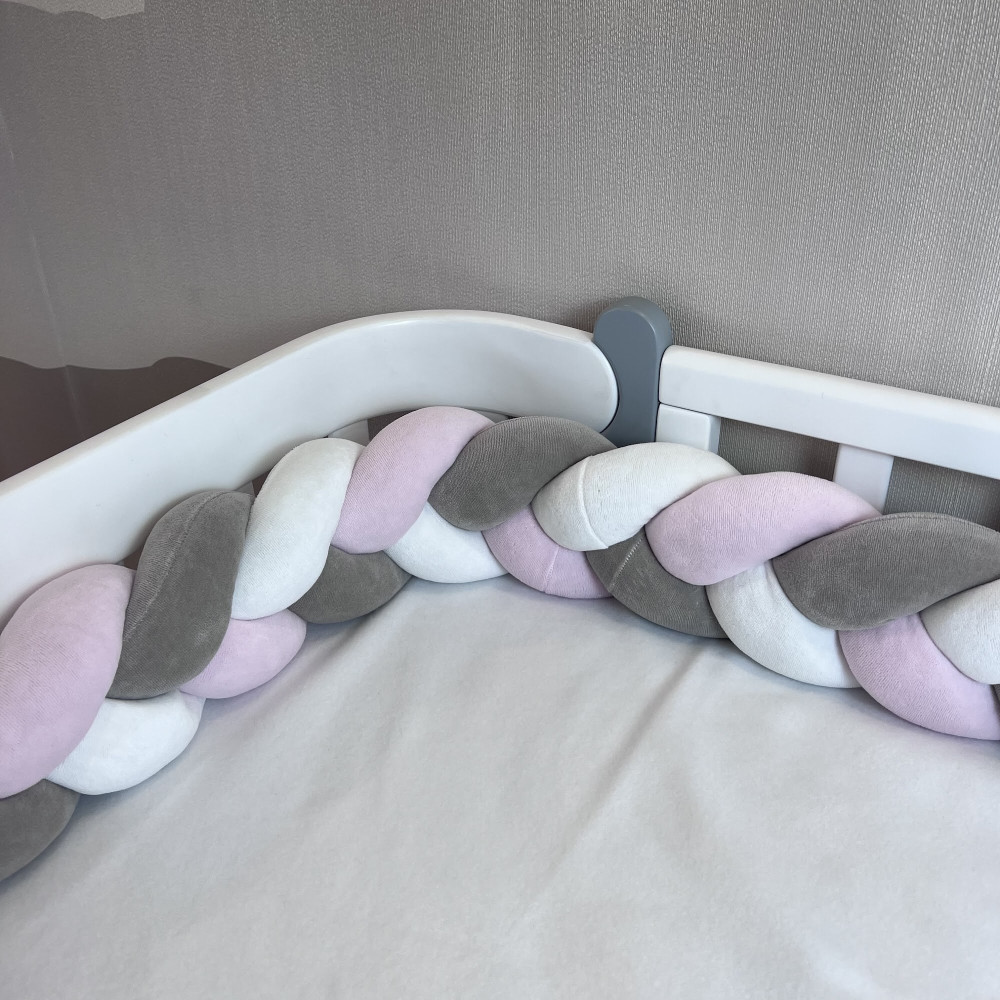 Twins Бампер-косичка трехпрядная 240 см - защита для детской кроватки • Grey/pink/ecru