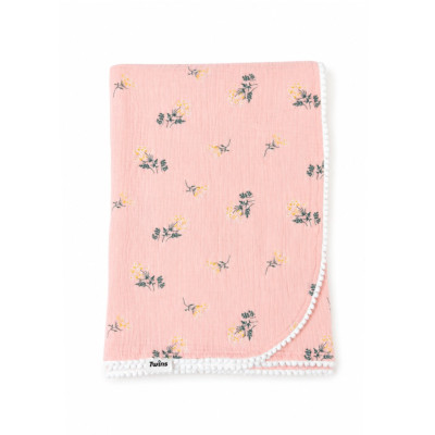 Twins Muslin Pompons - подвійний мусліновий плед 110 × 80 з помпонами • Pink/flower Twins Muslin Pompons - подвійний мусліновий плед 110 × 80 з помпонами • Pink/flower