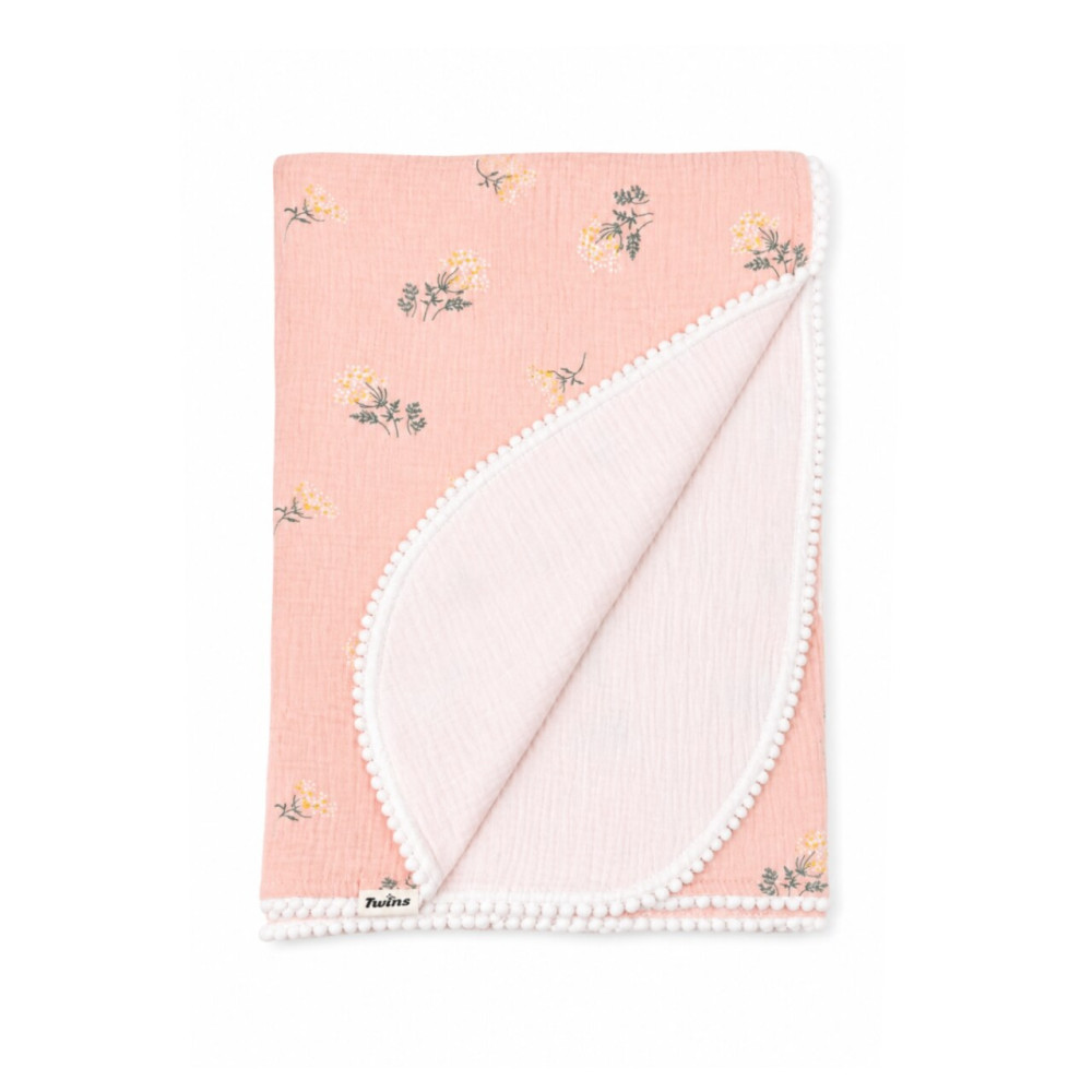 Twins Muslin Pompons - подвійний мусліновий плед 110 × 80 з помпонами • Pink/flower