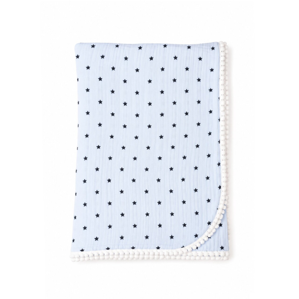 Twins Muslin Pompons - подвійний мусліновий плед 110 × 80 з помпонами • Blue/stars