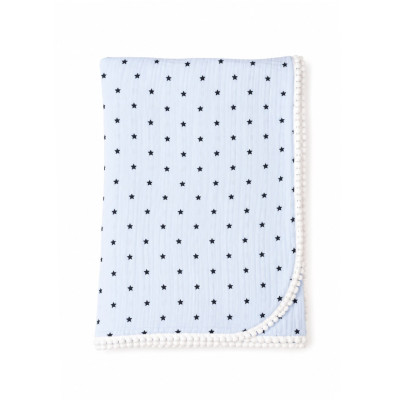 Twins Muslin Pompons - подвійний мусліновий плед 110 × 80 з помпонами • Blue/stars Twins Muslin Pompons - подвійний мусліновий плед 110 × 80 з помпонами • Blue/stars