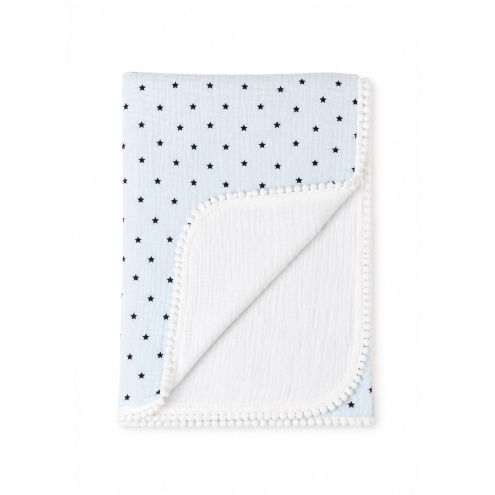 Twins Muslin Pompons - подвійний мусліновий плед 110 × 80 з помпонами • Blue/stars