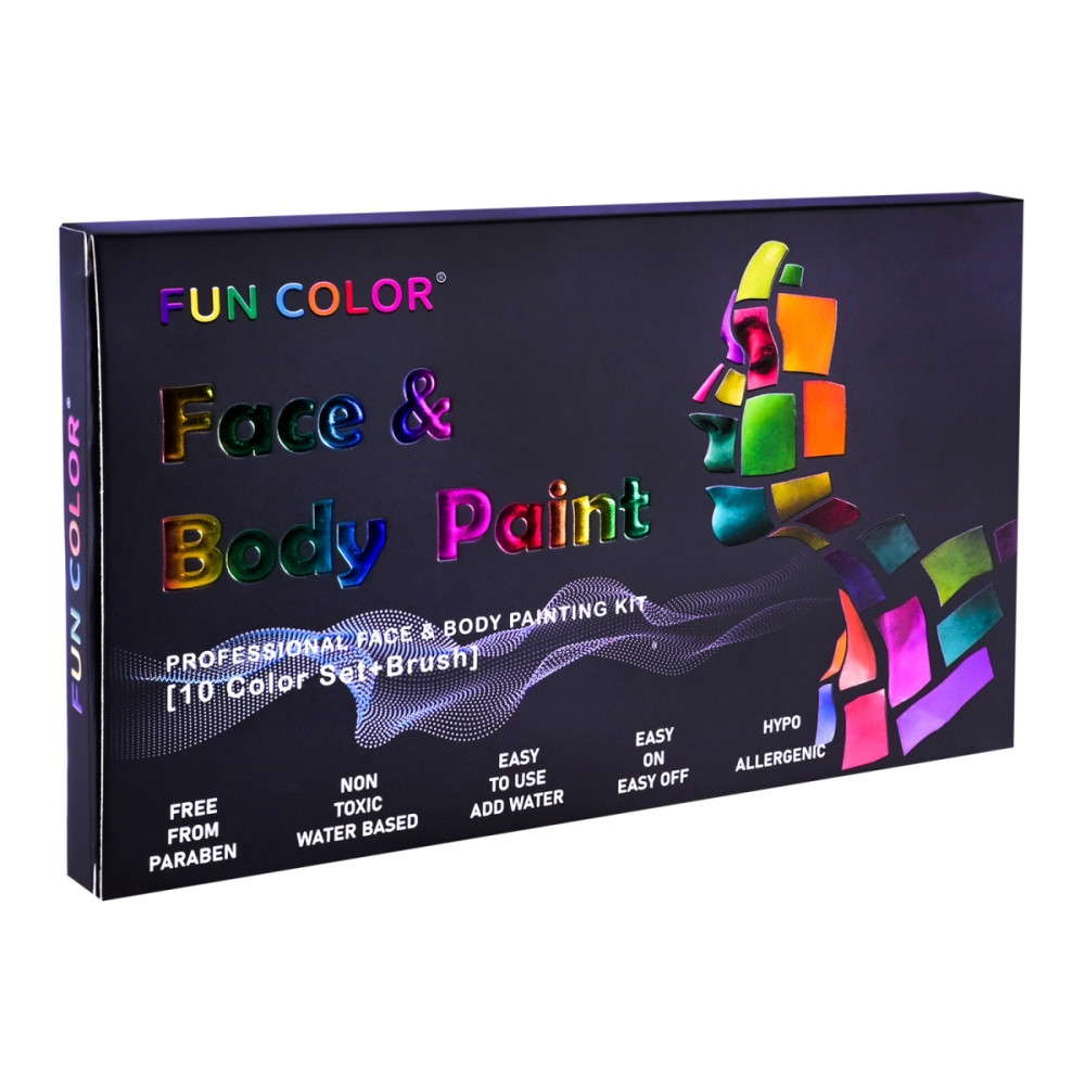 Fun Color Face & Body Paint - аквагрим на водной основе, 10 цветов с кисточкой (CN-119)