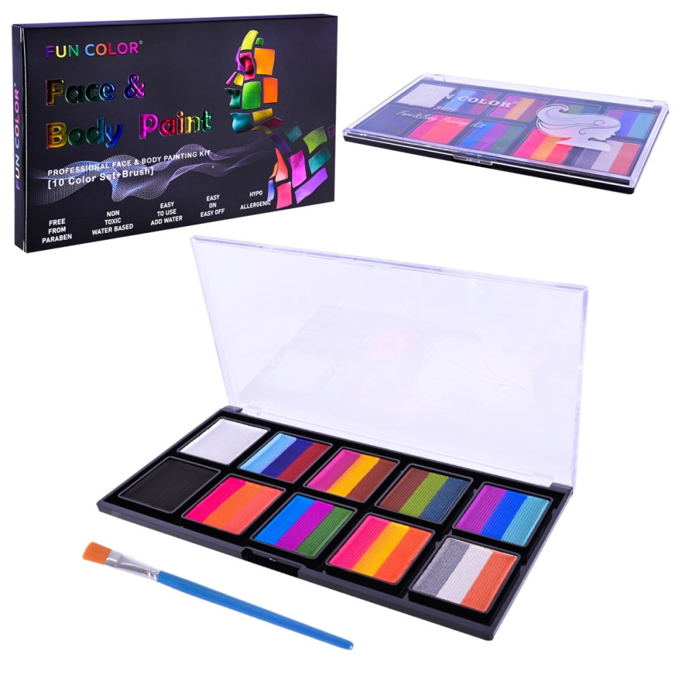 Fun Color Face & Body Paint - аквагрим на водной основе, 10 цветов с кисточкой (CN-119)