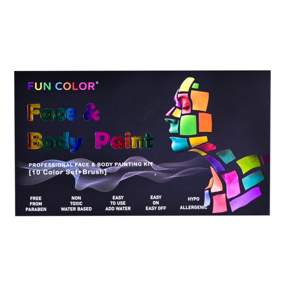 Fun Color Face & Body Paint - аквагрим на водной основе, 10 цветов с кисточкой (CN-119)
