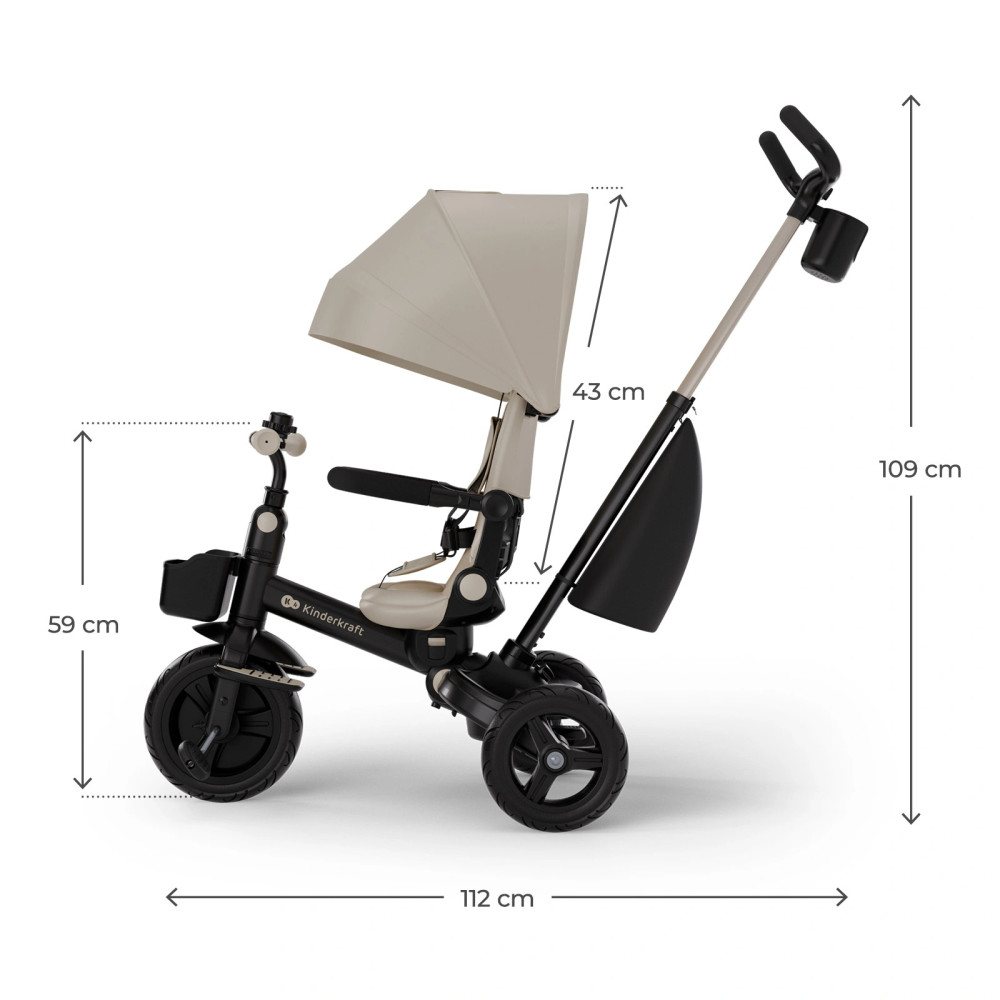 Kinderkraft Aveo 2 Plus - триколісний велосипед з великими колесами та можливістю реверсивного ходу (від 9 місяців до 5 років) • Beige (KRAVEO02BEG0000)
