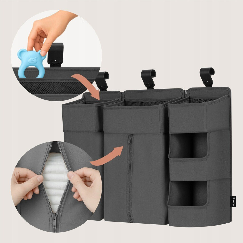 Lionelo SidePocket Large - підвісний органайзер для ліжечка 3 в 1 • Grey