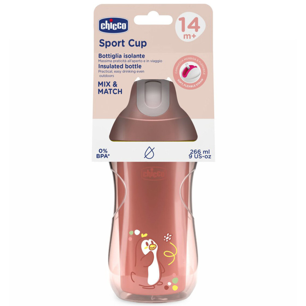 Chicco Sport Cup 266 мл - поильник-непроливайка с трубочкой, от 14 мес. • Розовый