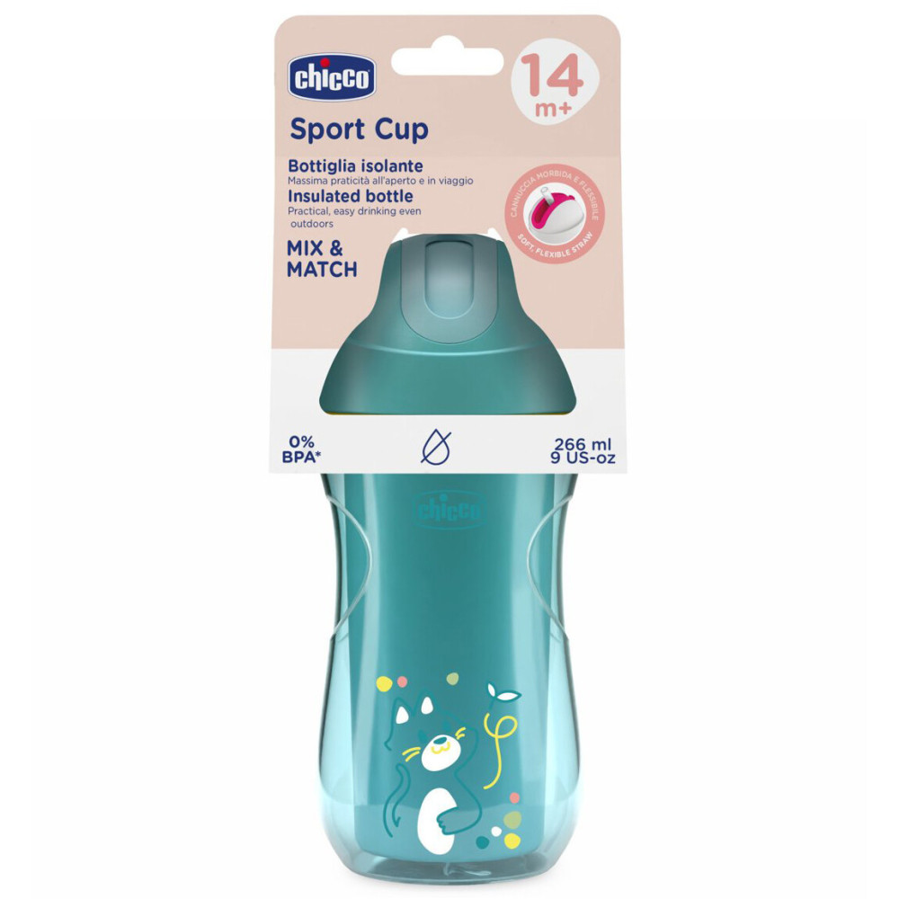 Chicco Sport Cup 266 мл - поильник-непроливайка с трубочкой, от 14 мес. • Бирюзовый