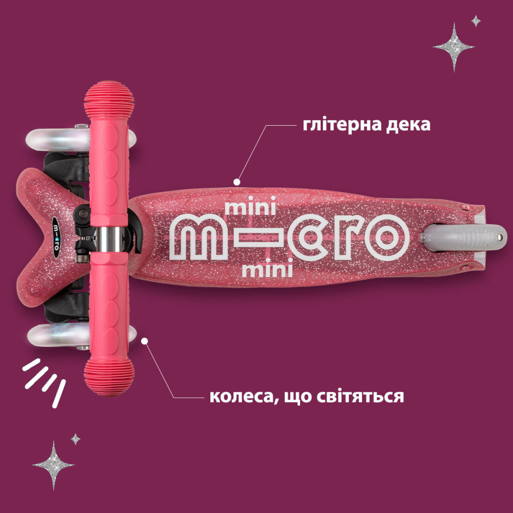 Micro Mini Deluxe Fairy Glitter LED - трехколесный самокат с глиттерной декой • Розовый (MMD208)