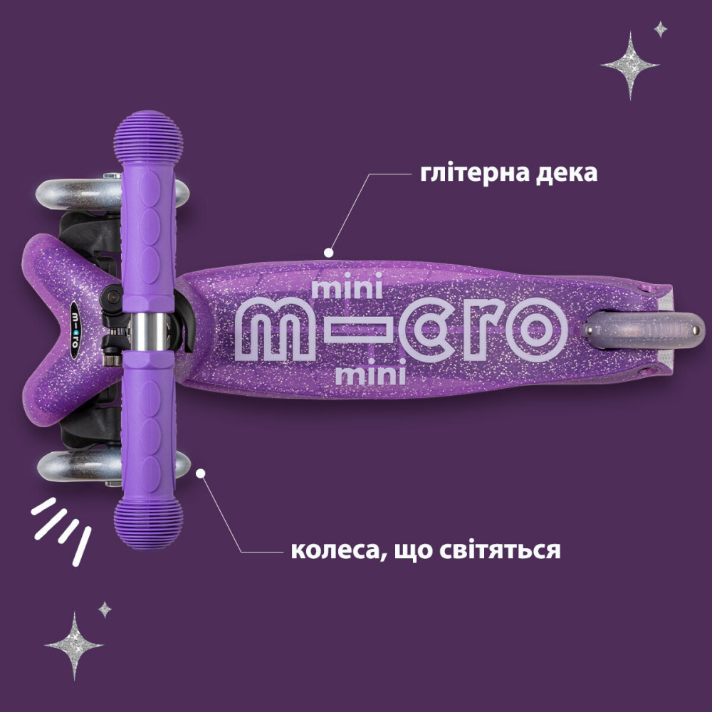 Micro Mini Deluxe Fairy Glitter LED - трехколесный самокат с глиттерной декой • Пурпурный (MMD207)
