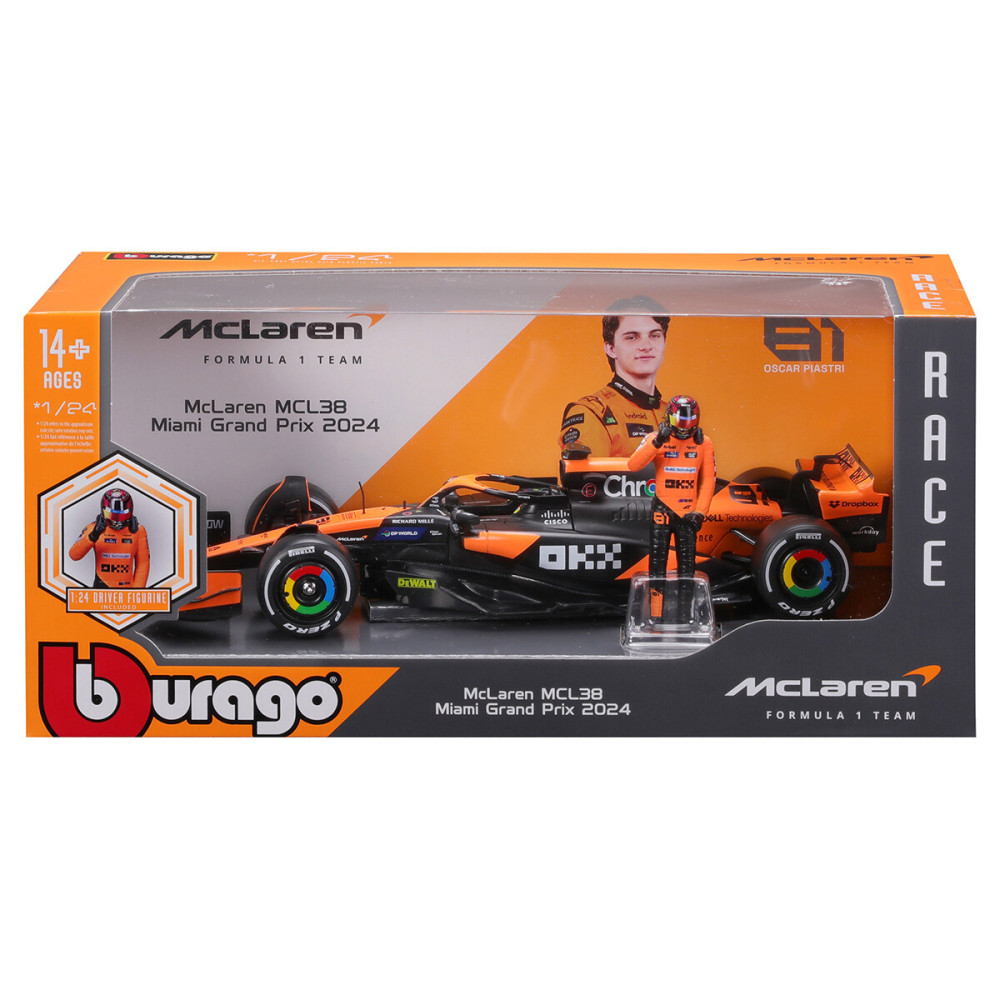Bburago McLaren MCL38 1:24 - автомодель з фігуркою • Чорний з помаранчевим (18-28040)