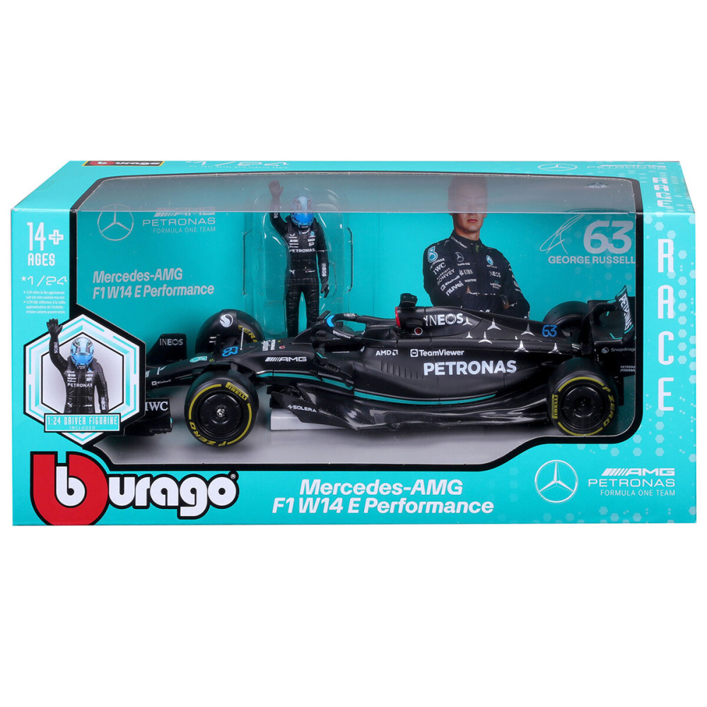 Bburago Mercedes-AMG F1 W14 E Performance 1:24 - автомодель з фігуркою • Чорний (18-28037) Bburago Mercedes-AMG F1 W14 E Performance 1:24 - автомодель з фігуркою • Чорний (18-28037)