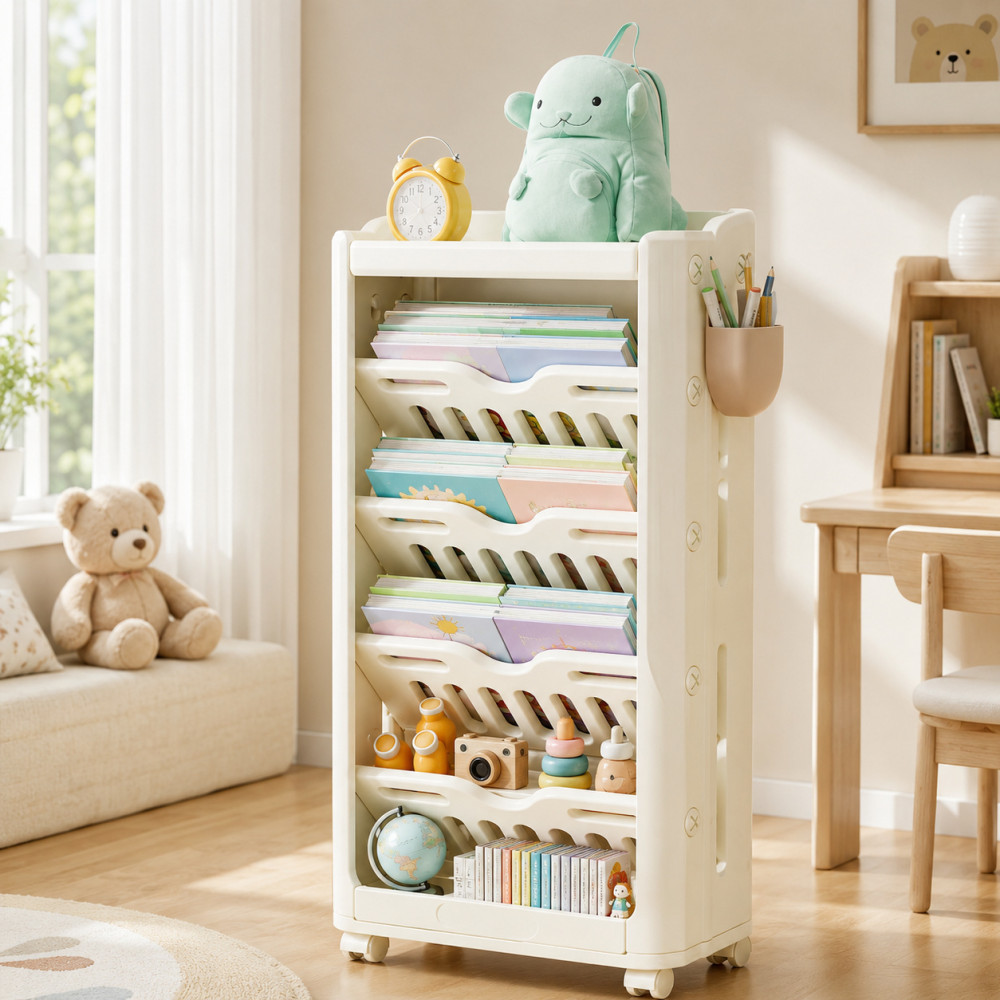 Kivibaby Пересувний книжковий стелаж Монтессорі - вузький стелаж на колесах для книжок та іграшок • Milk White
