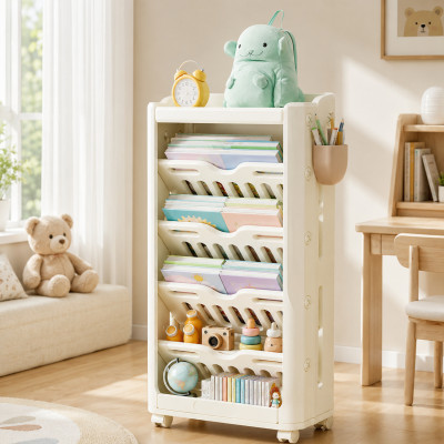 Kivibaby Пересувний книжковий стелаж Монтессорі - вузький стелаж на колесах для книжок та іграшок • Milk White Kivibaby Пересувний книжковий стелаж Монтессорі - вузький стелаж на колесах для книжок та іграшок • Milk White