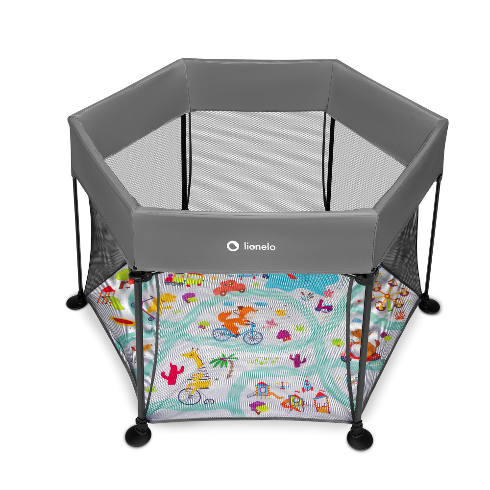 Lionelo Roel Plus - шестиугольный манеж с боковым входом и сумкой • Grey Multicolor