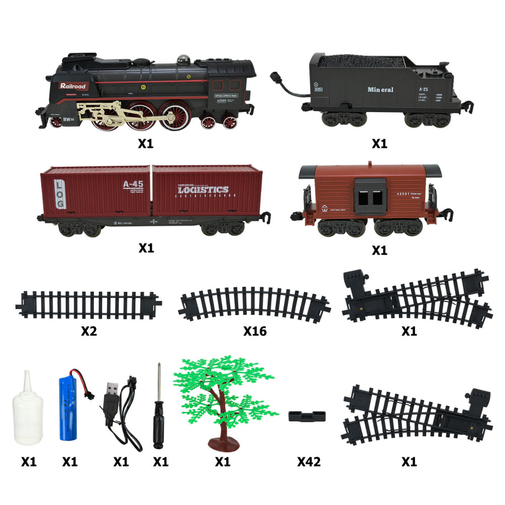 Залізниця Steam Train 3 вагони - ретро-потяг з ефектом пари, світлом і звуком (610B)