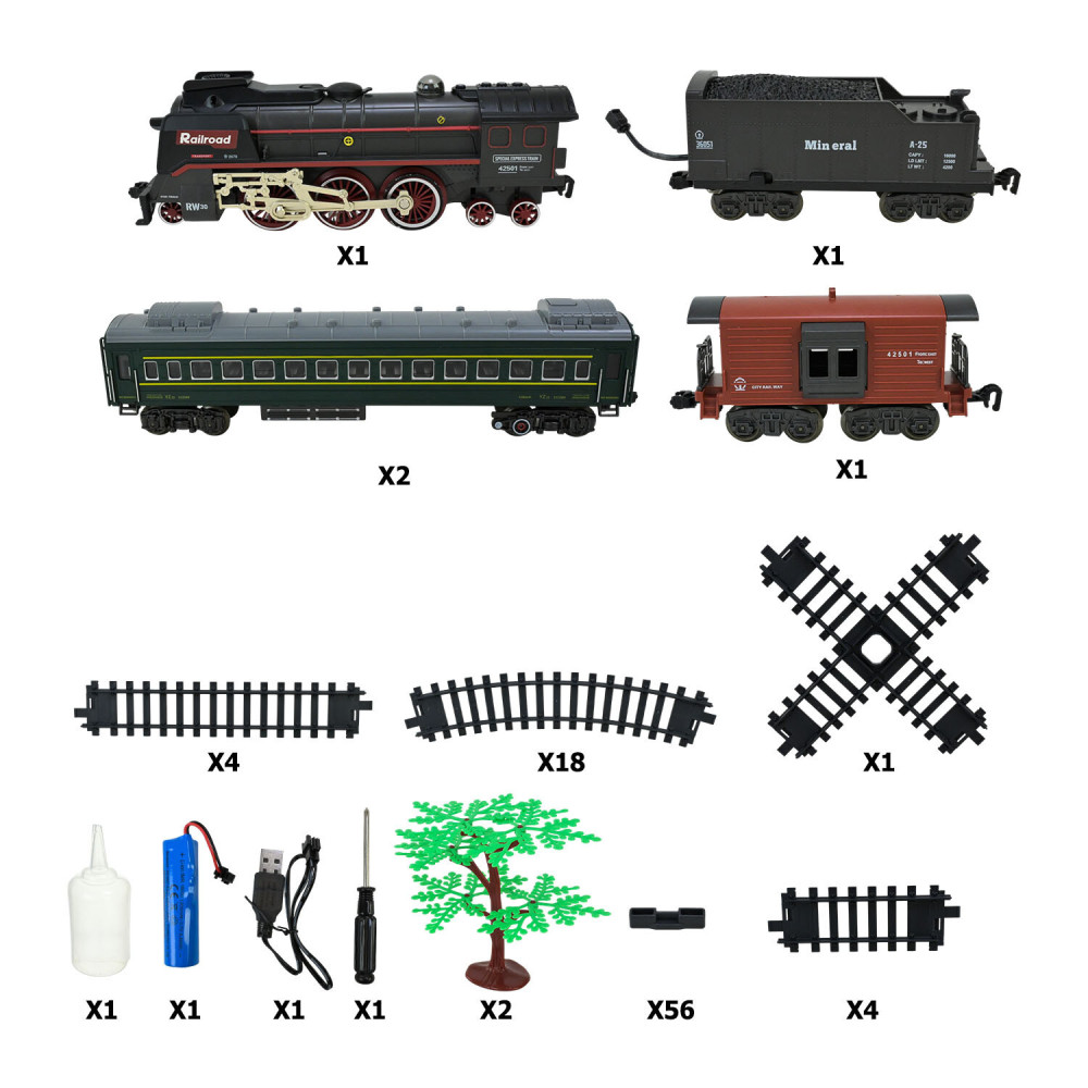 Залізниця Steam Train з освітленими вагонами - ретро-потяг з ефектом пари, світлом і звуком (605B) Залізниця Steam Train з освітленими вагонами - ретро-потяг з ефектом пари, світлом і звуком (605B)