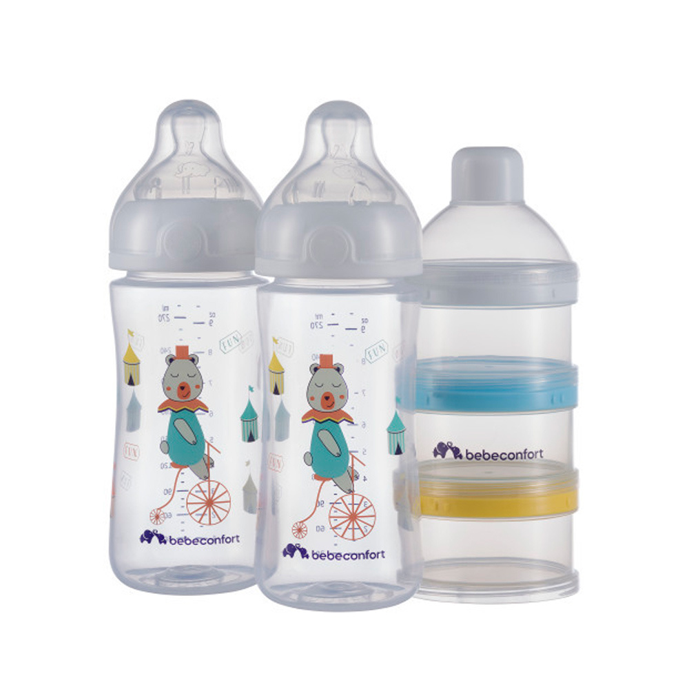 Bebe Confort Emotion PP Set 270 мл - набір з двох антиколікових пляшечок та дозатора для молока