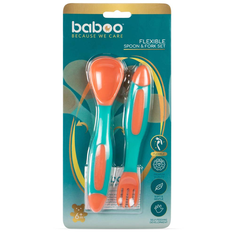 Baboo Flexible Spoon & Fork Set - набір ложки та виделки з гнучкими ручками для малюків від 6 міс. • Peach