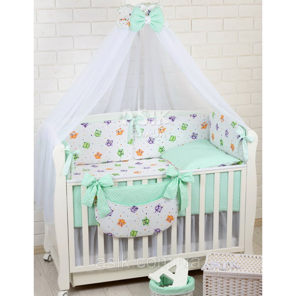 Комплект постельного белья Asik Разноцветные совушки и горошек на мяте 8 предметов (8-302)