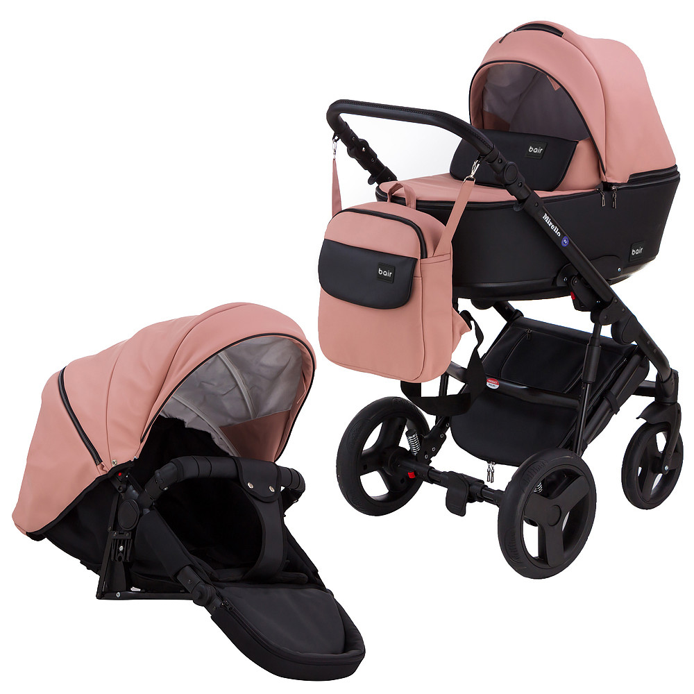 Коляска 2 в 1 Bair Mirello кожа 100% М-02/30 розовый (пудра) - черный Коляска 2 в 1 Bair Mirello кожа 100% М-02/30 розовый (пудра) - черный