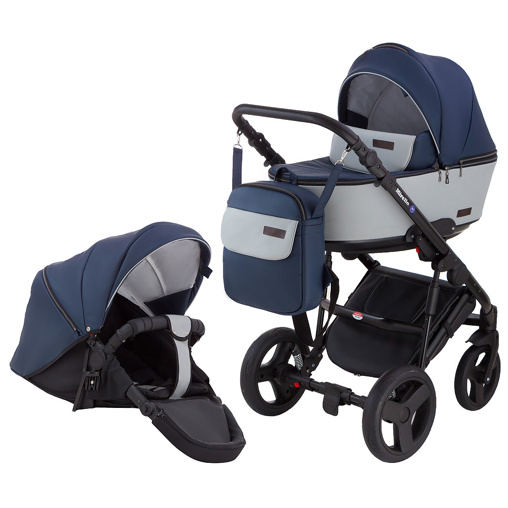 Коляска 2 в 1 Bair Mirello кожа 100% М27/32 т.синий - серый Коляска 2 в 1 Bair Mirello кожа 100% М27/32 т.синий - серый
