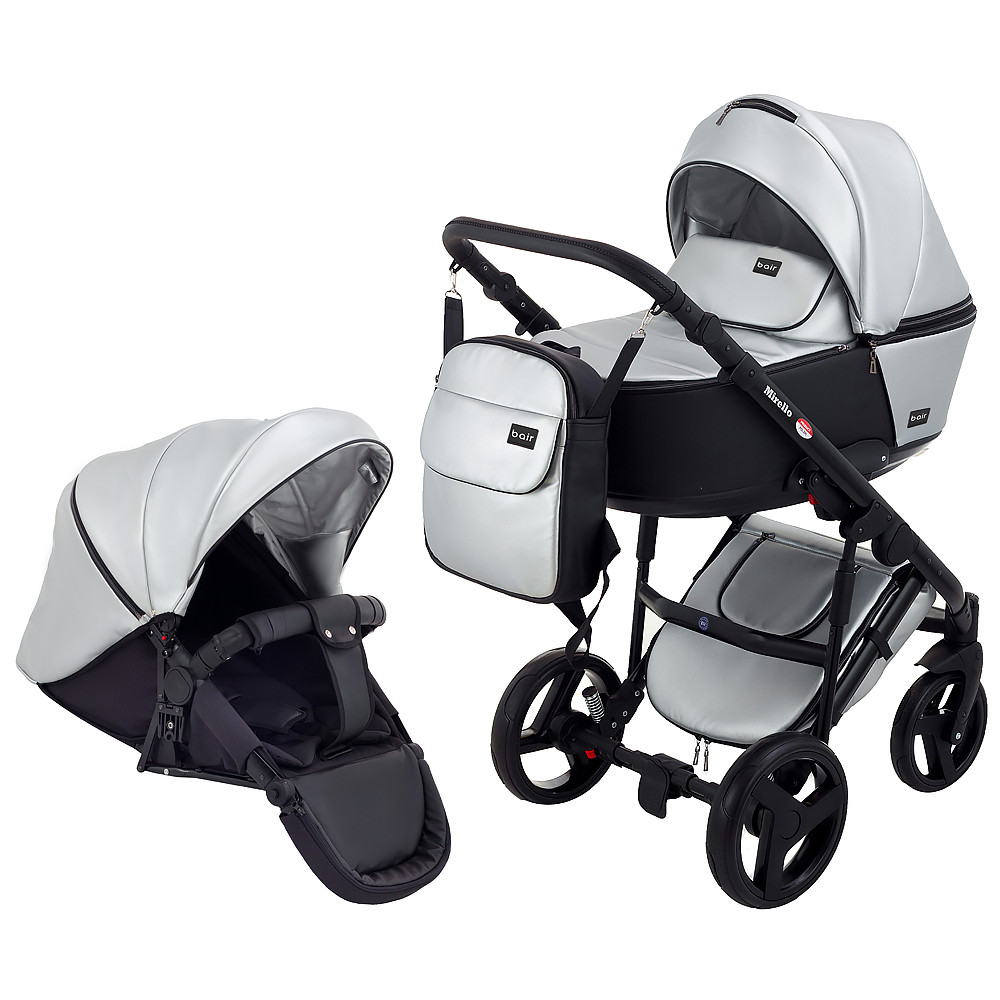 Коляска 2 в 1 Bair Mirello Plus кожа 100% MP-31 серебро перламутр - черный Коляска 2 в 1 Bair Mirello Plus кожа 100% MP-31 серебро перламутр - черный