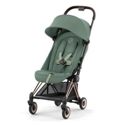 Cybex Coya - легкая прогулочная коляска для путешествий, ультракомпактная коляска премиум (ручная кладь), рама розовое золото • Leaf Green