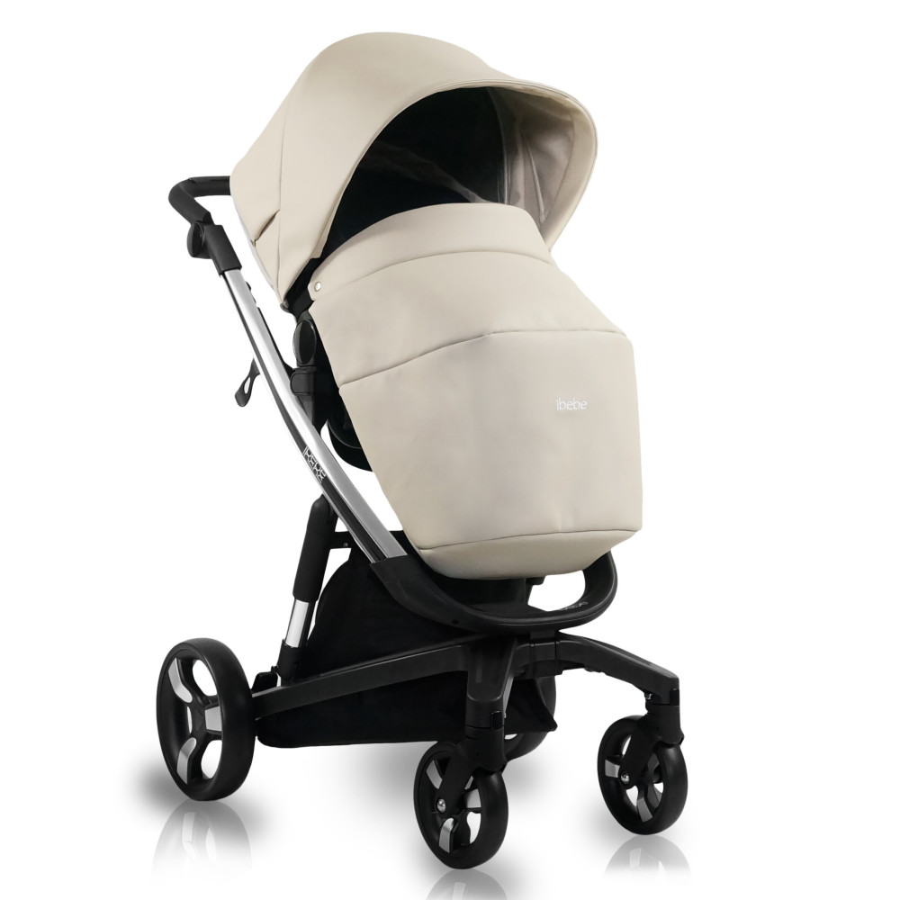iBebe i-Stop - коляска 2 в 1, електричні гальма,  м\'яка амортизація, реверсивний прогулянковий блок, екошкіра • IS18 Eco Beige