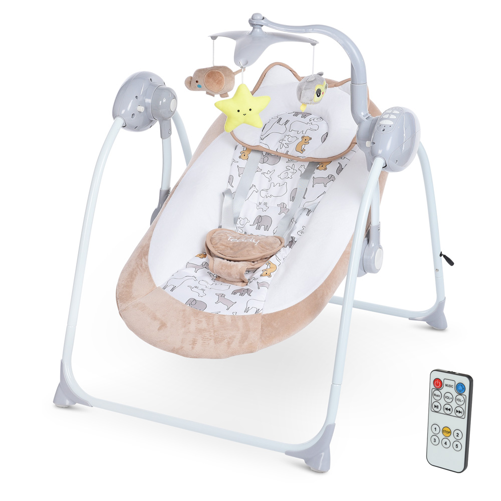 El Camino Teddy ME 1075 - гойдалка для новонародженого, підлогова, з пультом, живлення від мережі та батарейок, таймер • Beige Animals