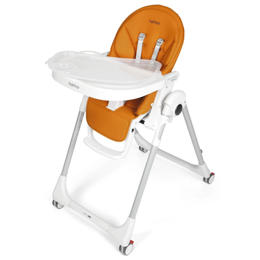 Peg Perego Prima Pappa Follow Me - стільчик для годування, шезлонг для новонароджених (регулювання по висоті, нахил спинки, регулювання підніжки), чохол з екошкіри, 4 колеса, компактне складання • Arancia