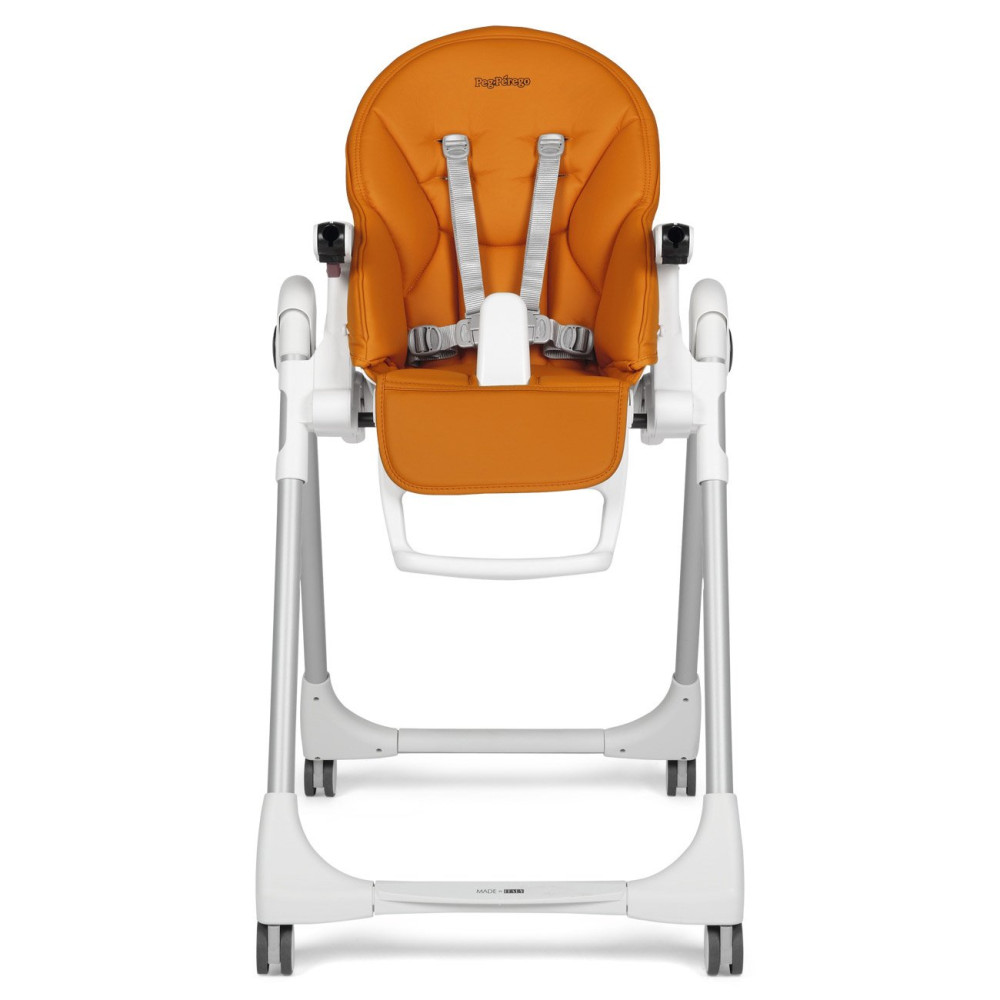 Peg Perego Prima Pappa Follow Me - стільчик для годування, шезлонг для новонароджених (регулювання по висоті, нахил спинки, регулювання підніжки), чохол з екошкіри, 4 колеса, компактне складання • Arancia