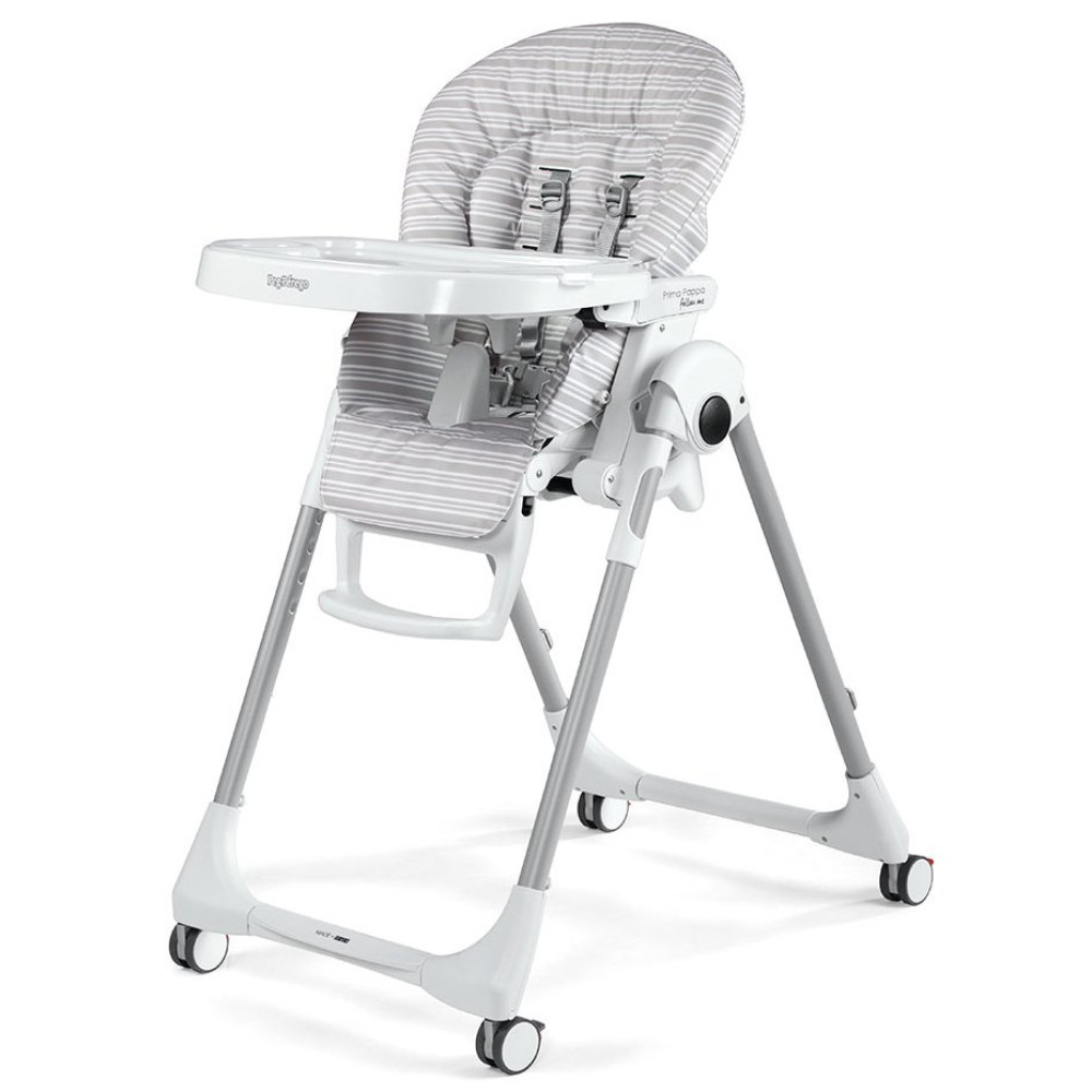 Peg Perego Prima Pappa Follow Me - стільчик для годування, шезлонг для новонароджених (регулювання по висоті, нахил спинки, регулювання підніжки), чохол з екошкіри, 4 колеса, компактне складання •  Linear Grey