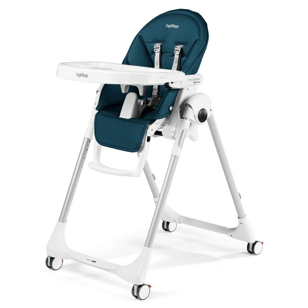 Peg Perego Prima Pappa Follow Me - стільчик для годування, шезлонг для новонароджених (регулювання по висоті, нахил спинки, регулювання підніжки), чохол з екошкіри, 4 колеса, компактне складання • Petrolio