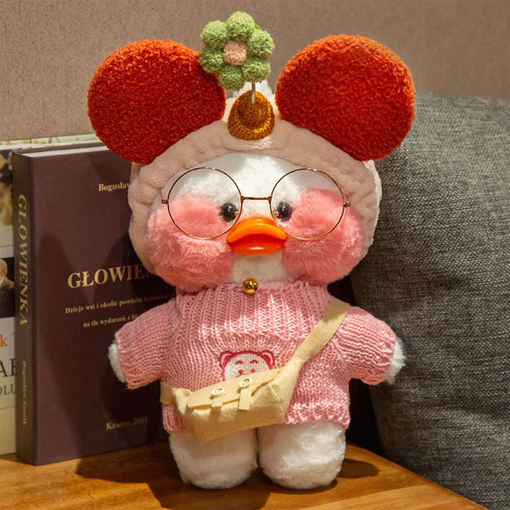Мягкая игрушка Уточка LaLafanfan белая в розовом свитере и повязке с цветочком