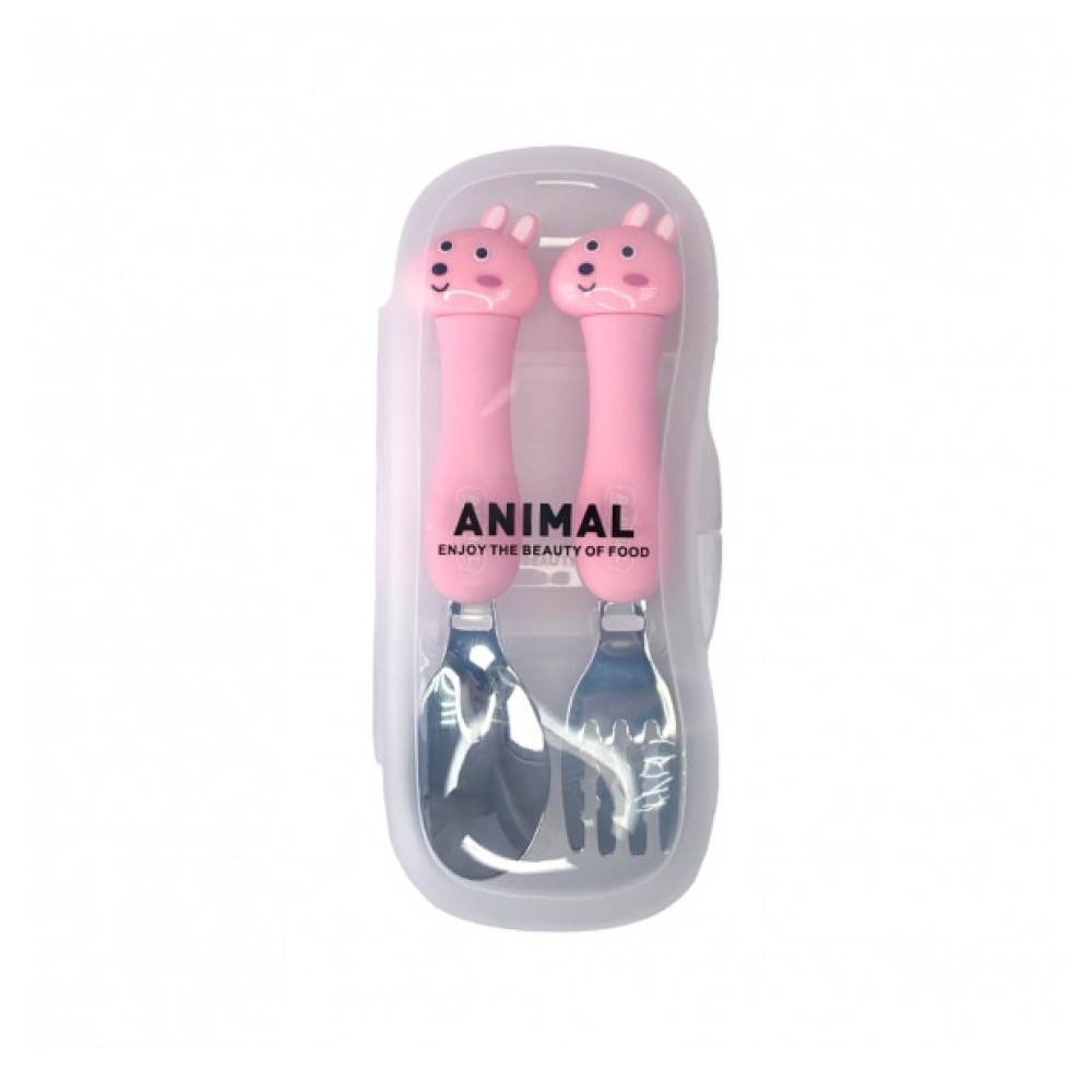 Набор детских столовых приборов вилка и ложка в контейнере Animals Зайчик (0102)