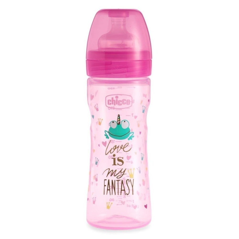 Бутылочка для кормления Chicco Well-Being Love c силиконовой соской 250 мл 2м+ розовая (09850.00.02)