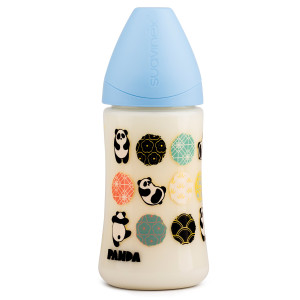 Бутылочка Suavinex Panda Истории панды 270 мл, анатомическая соска, средний поток, голубая (303976)