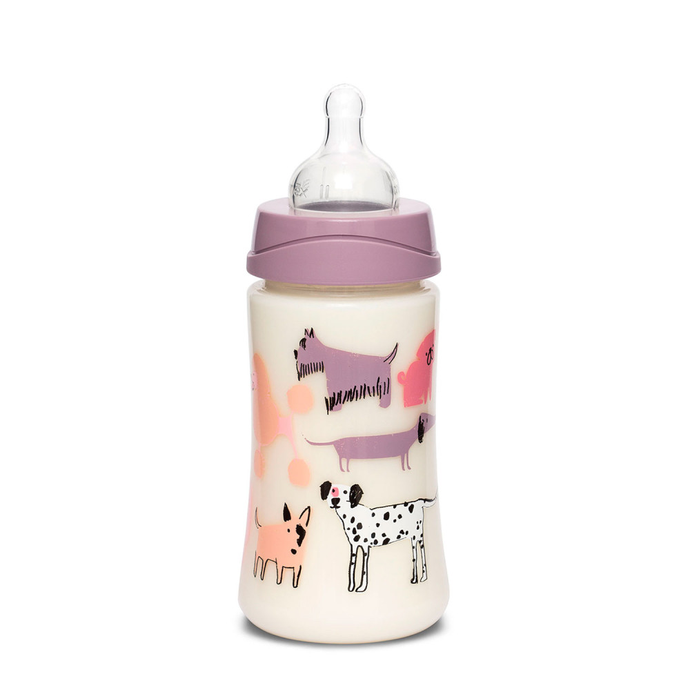 Бутылочка Suavinex Good Dog Истории щенков круглая соска, 3-позиционная, 270 мл, фиолетовая (304804)